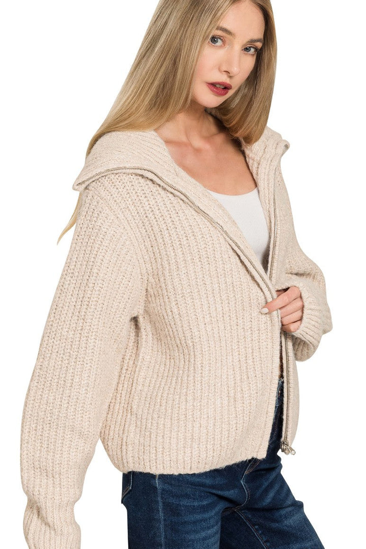 Zen Soft Hug Zip-Up Sweater (Sand Beige)