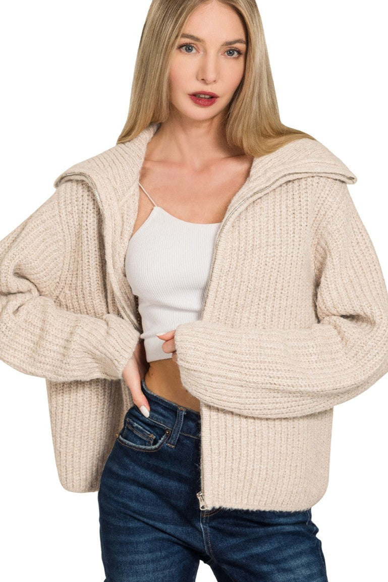 Zen Soft Hug Zip-Up Sweater (Sand Beige)