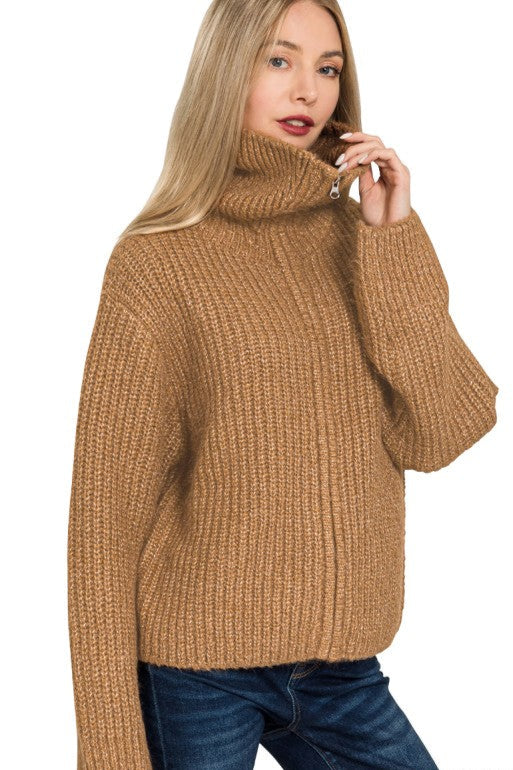 Zen Soft Hug Zip-Up Sweater (Deep Camel)