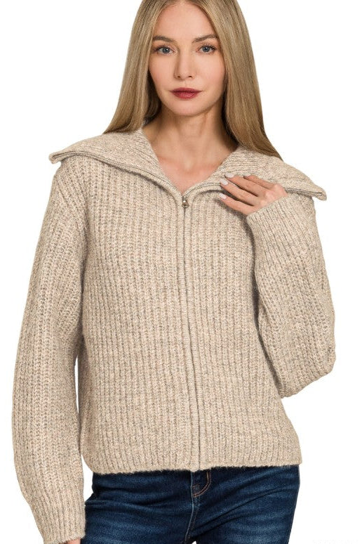 Zen Soft Hug Zip-Up Sweater (Heather Beige)