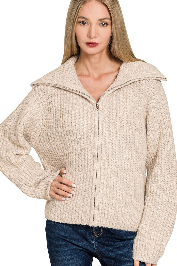 Zen Soft Hug Zip-Up Sweater (Sand Beige)