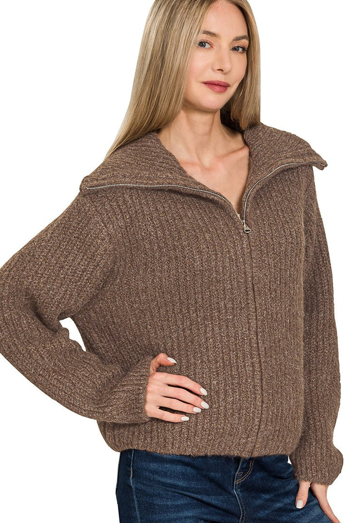 Zen Soft Hug Zip-Up Sweater (Brown)