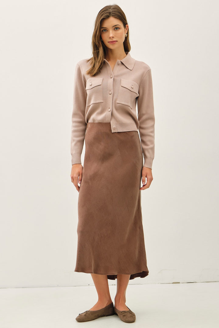 Be Cool Satin Midi Skirt (Brown)