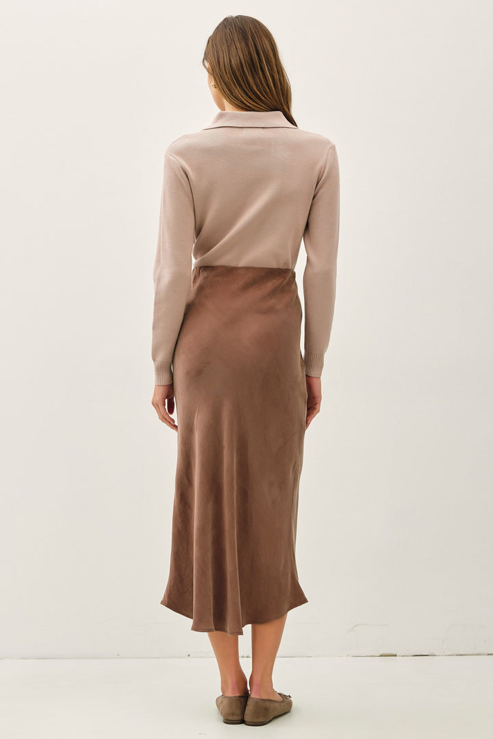 Be Cool Satin Midi Skirt (Brown)