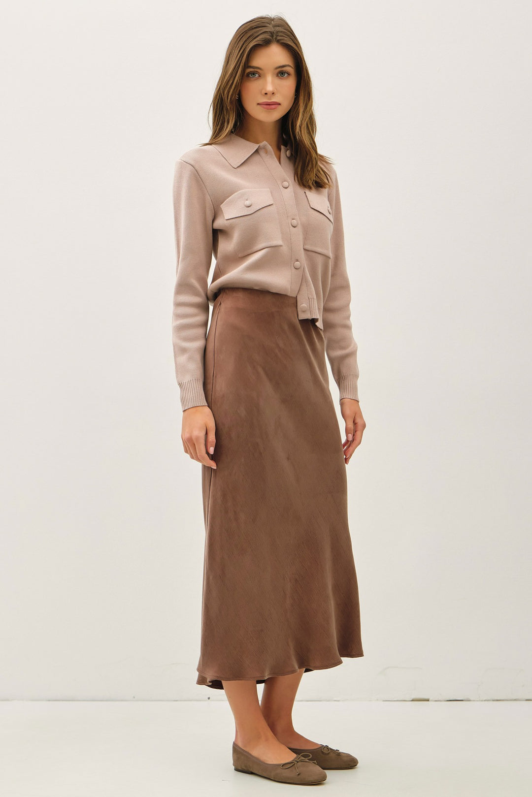 Be Cool Satin Midi Skirt (Brown)