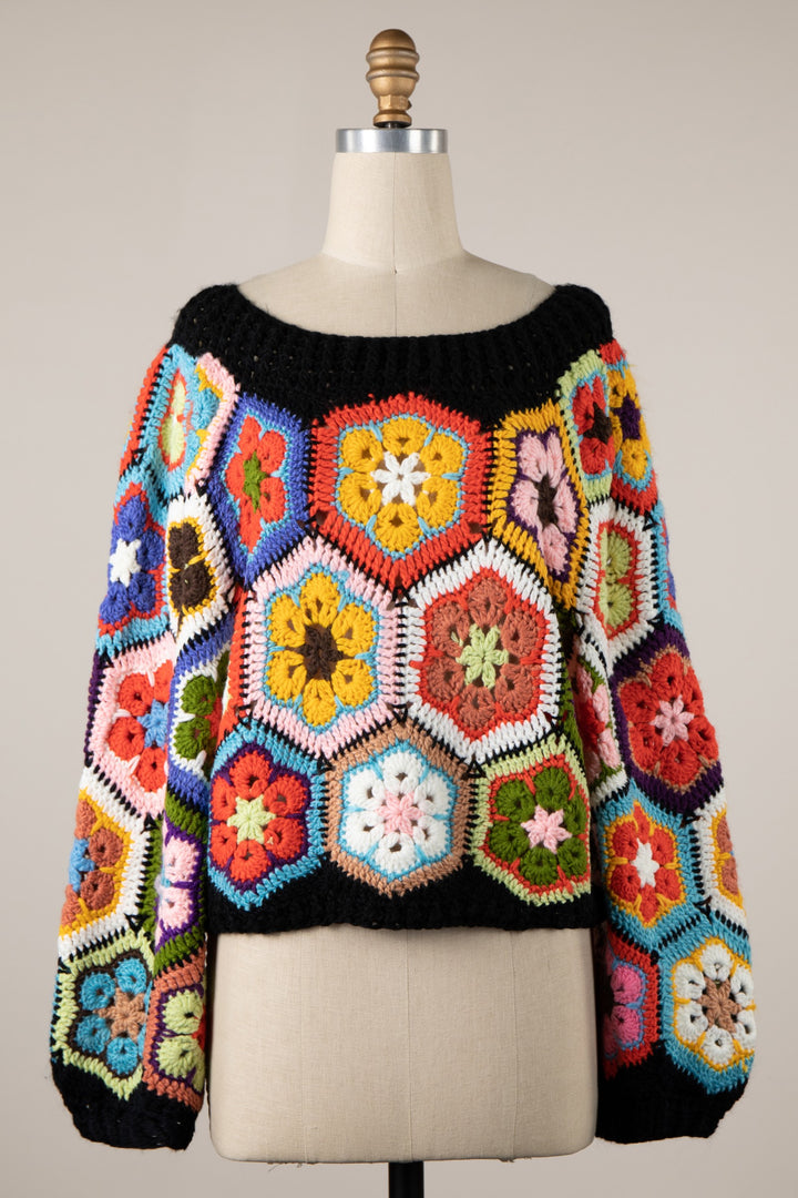 My Cozy Floral Crochet Sweater (Black)