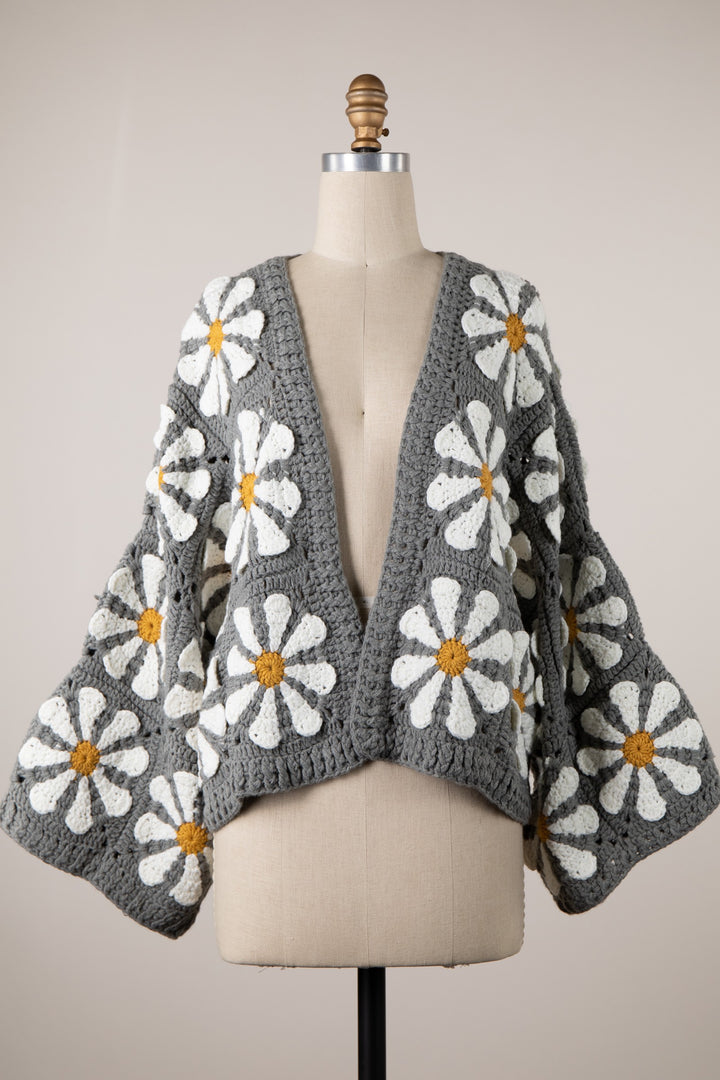 My Cozy Floral Crochet Cardigan (Grey)