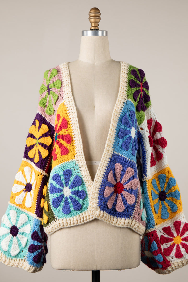 My Cozy Floral Crochet Cardigan (Beige Rainbow)