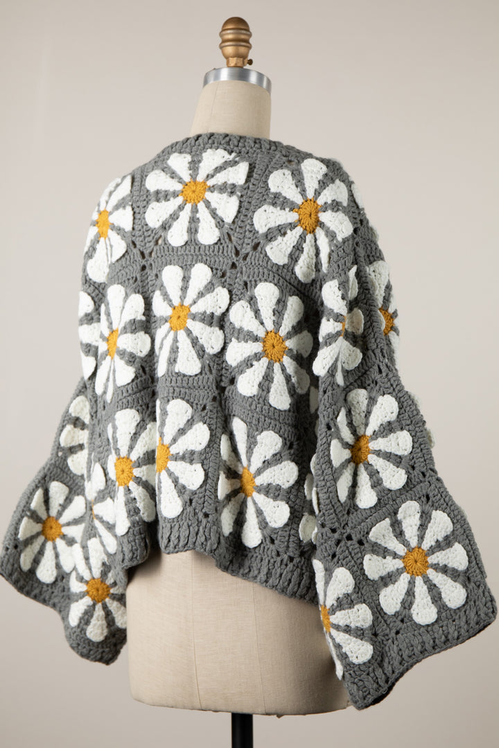 My Cozy Floral Crochet Cardigan (Grey)