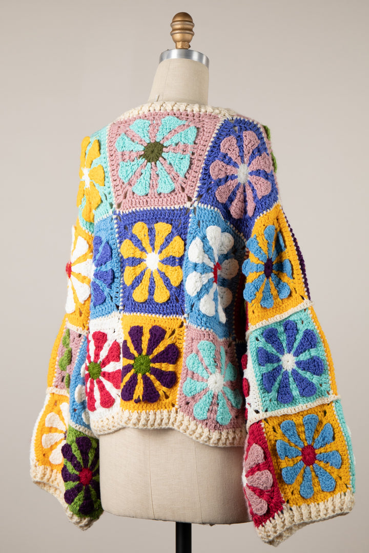 My Cozy Floral Crochet Cardigan (Beige Rainbow)