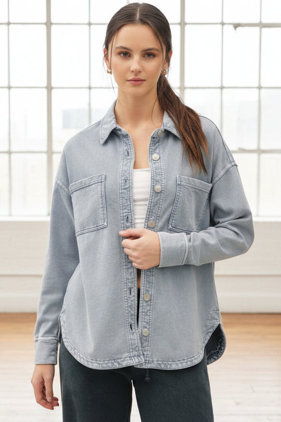 Be Cool Cotton Knit Shacket (Dusty Blue)