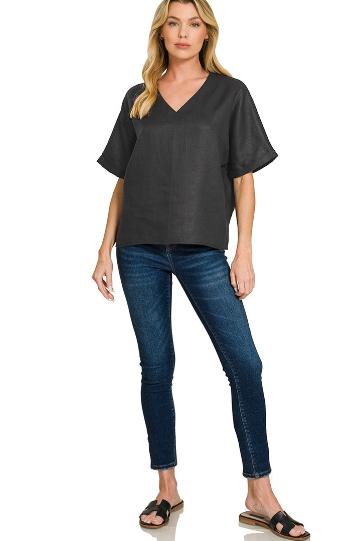 Zen V Neck Linen Tee (Black)
