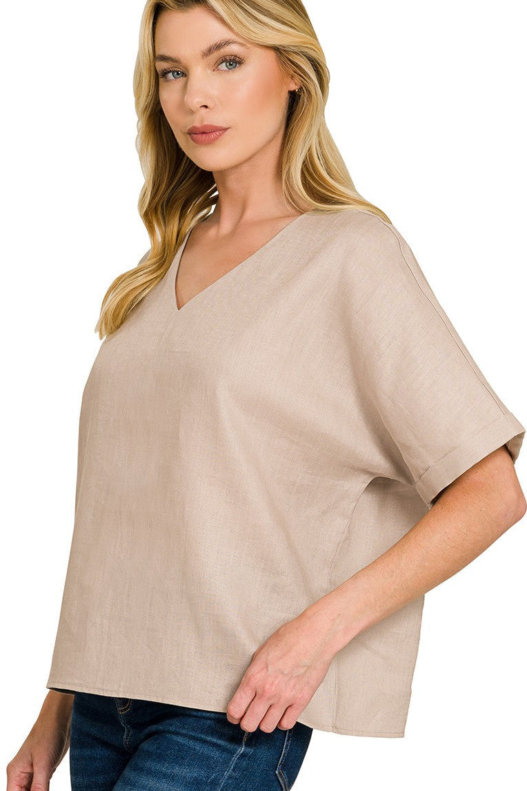 Zen V Neck Linen Tee (Ash Mocha)