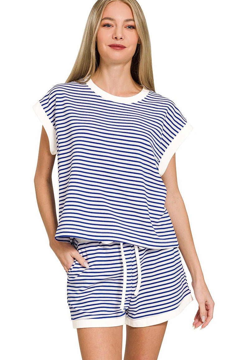 Zen Striped Cotton Lounge Set  (Bright Blue)