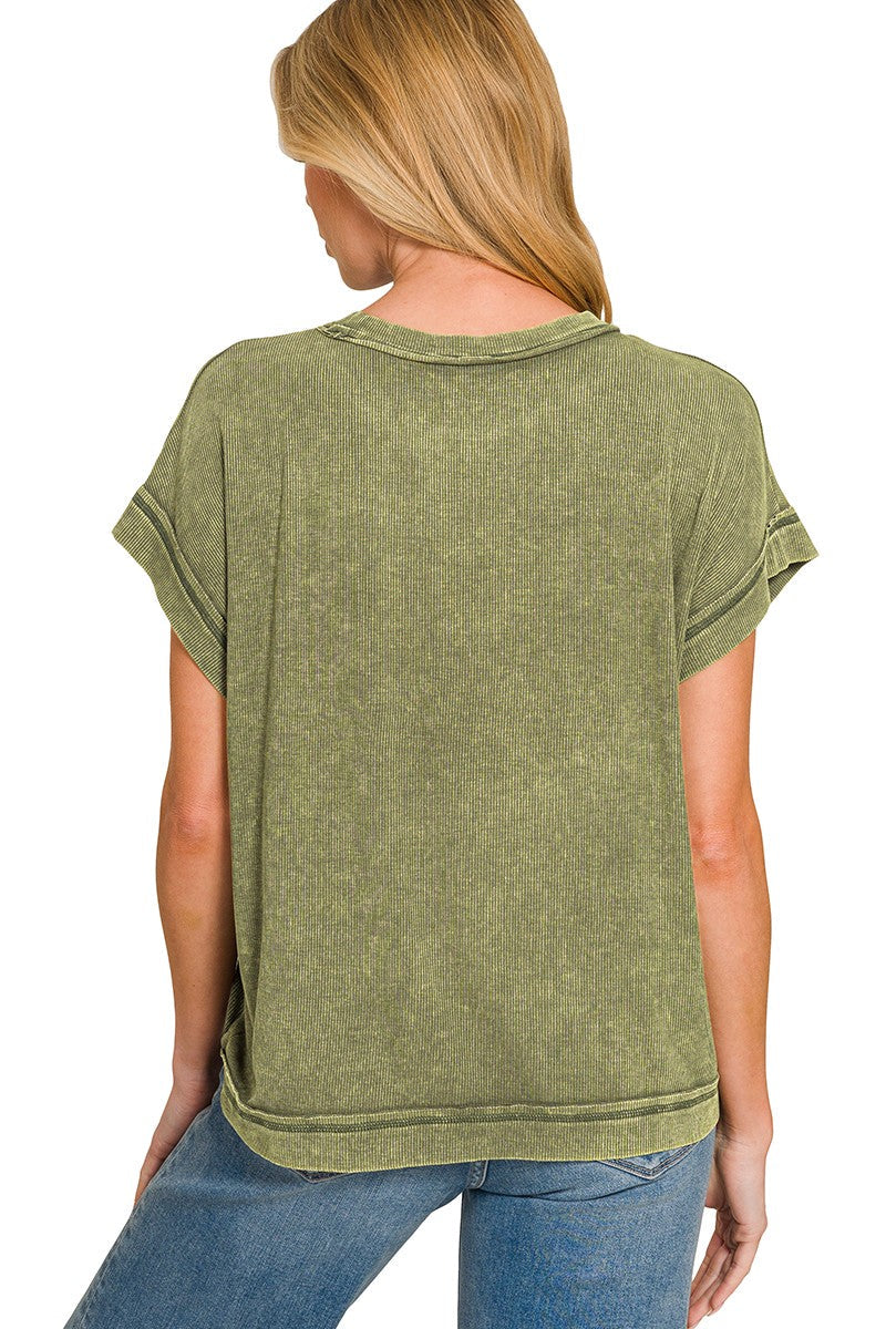 Zen Mineral Wash Ribbed Tee (Dark Olive)