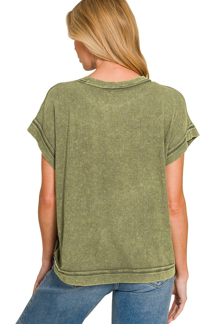 Zen Mineral Wash Ribbed Tee (Dark Olive)