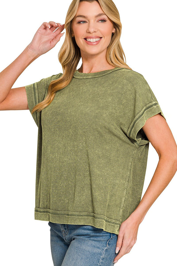 Zen Mineral Wash Ribbed Tee (Dark Olive)