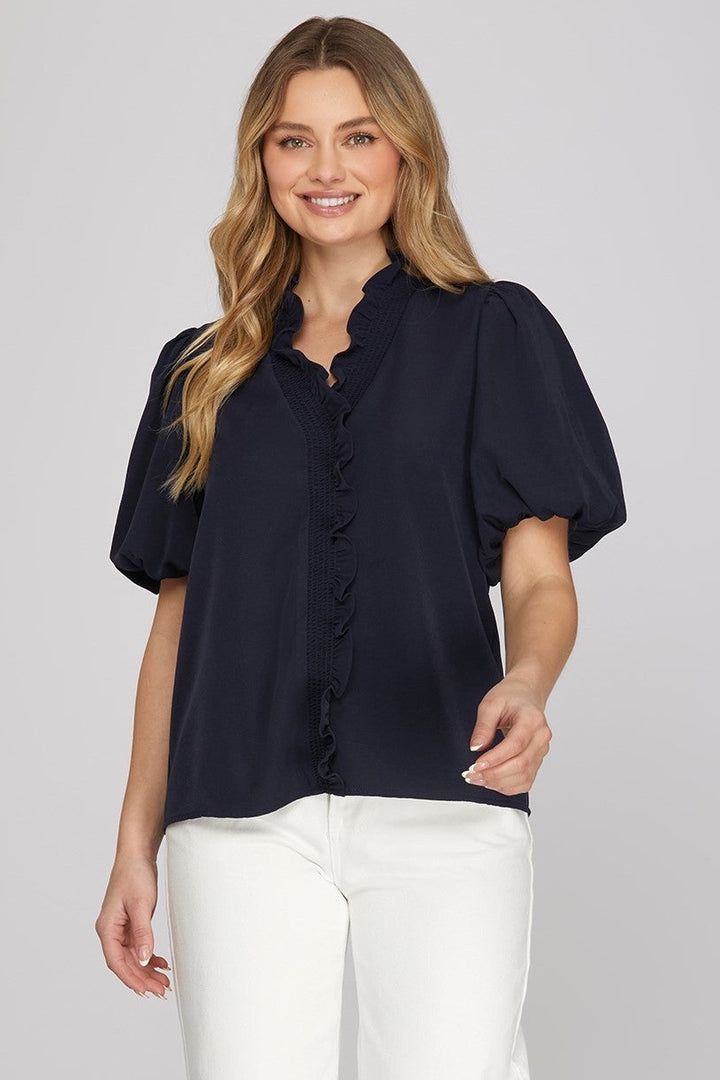She + Sky Bubble Sleeve Top (Navy)