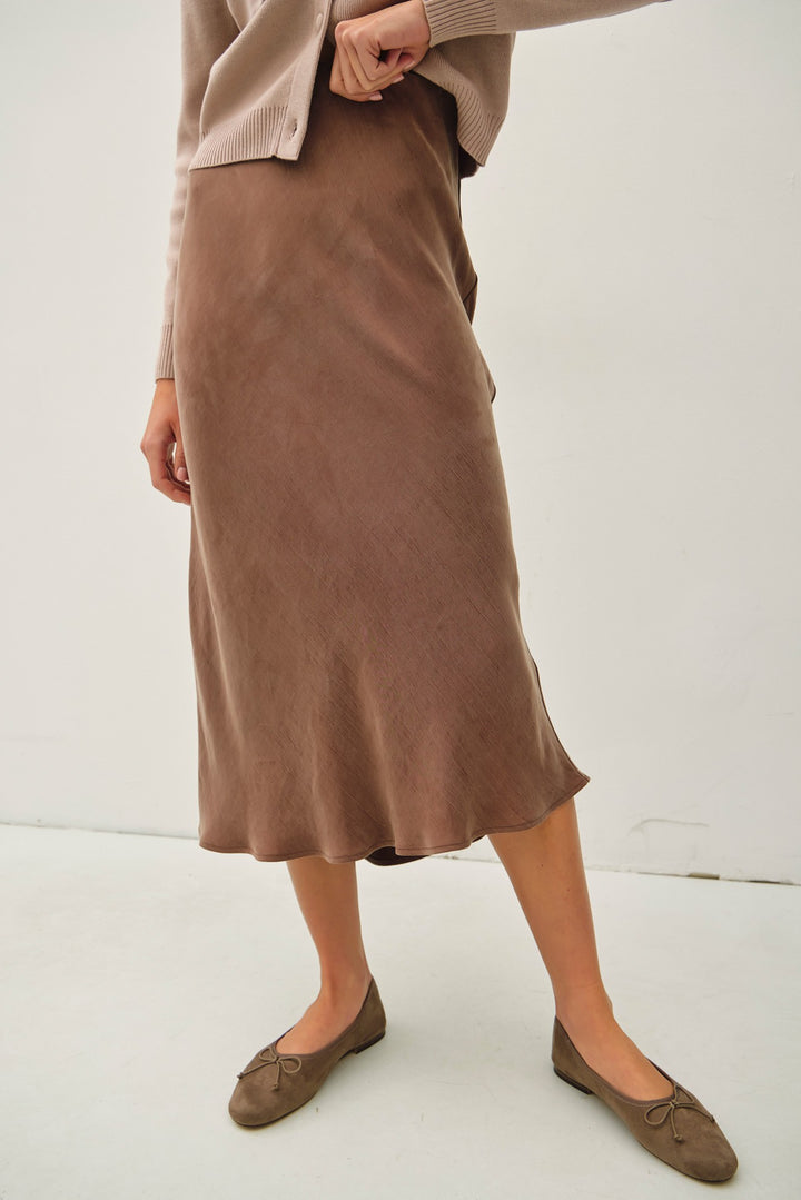 Be Cool Satin Midi Skirt (Brown)