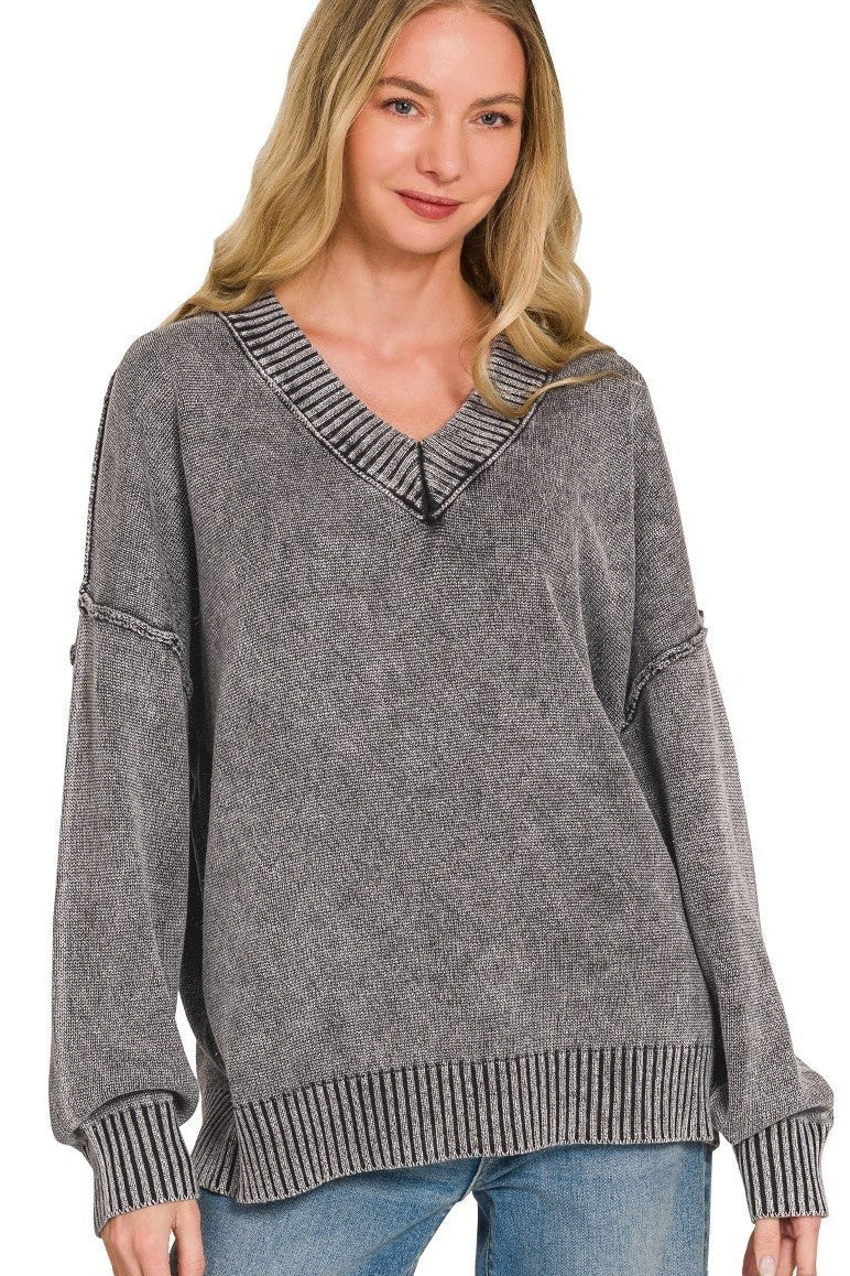 Zen Oversized Cotton V Neck Sweater (Heather Charcoal)