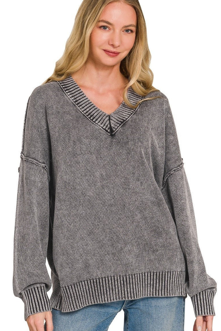 Zen Oversized Cotton V Neck Sweater (Heather Charcoal)