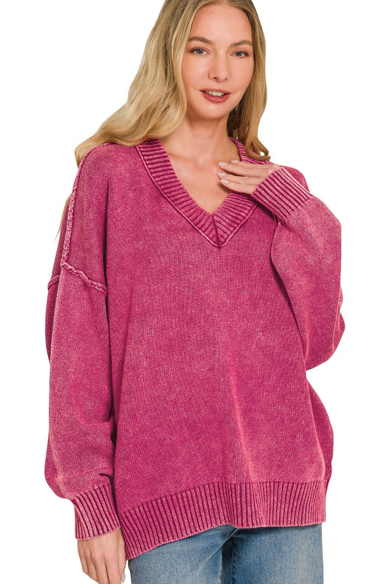 Zen Oversized Cotton V Neck Sweater (Cabernet)
