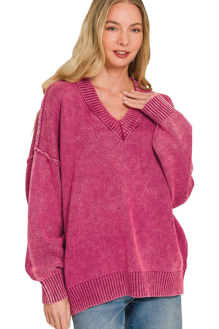 Zen Oversized Cotton V Neck Sweater (Cabernet)