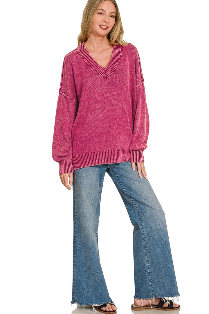 Zen Oversized Cotton V Neck Sweater (Cabernet)