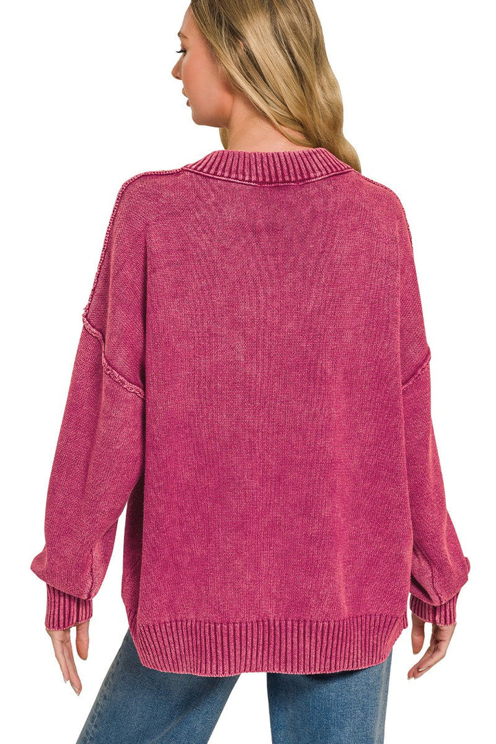 Zen Oversized Cotton V Neck Sweater (Cabernet)