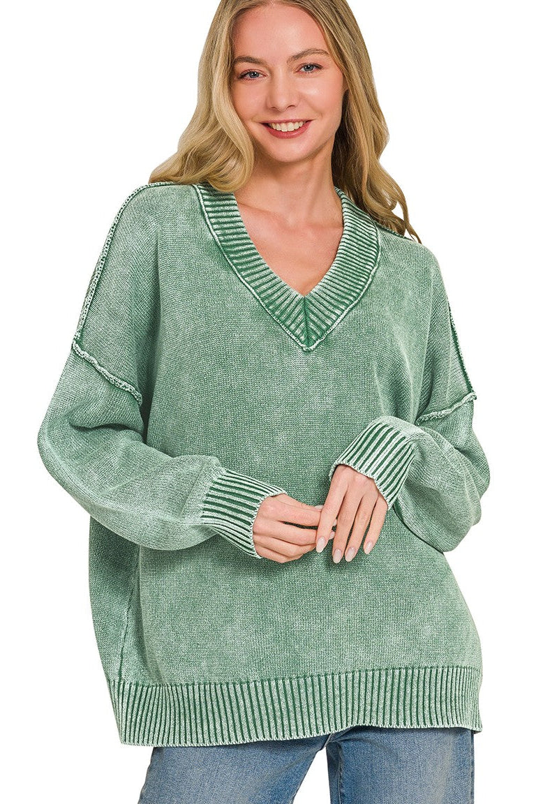 Zen Oversized Cotton V Neck Sweater (Dark Green)