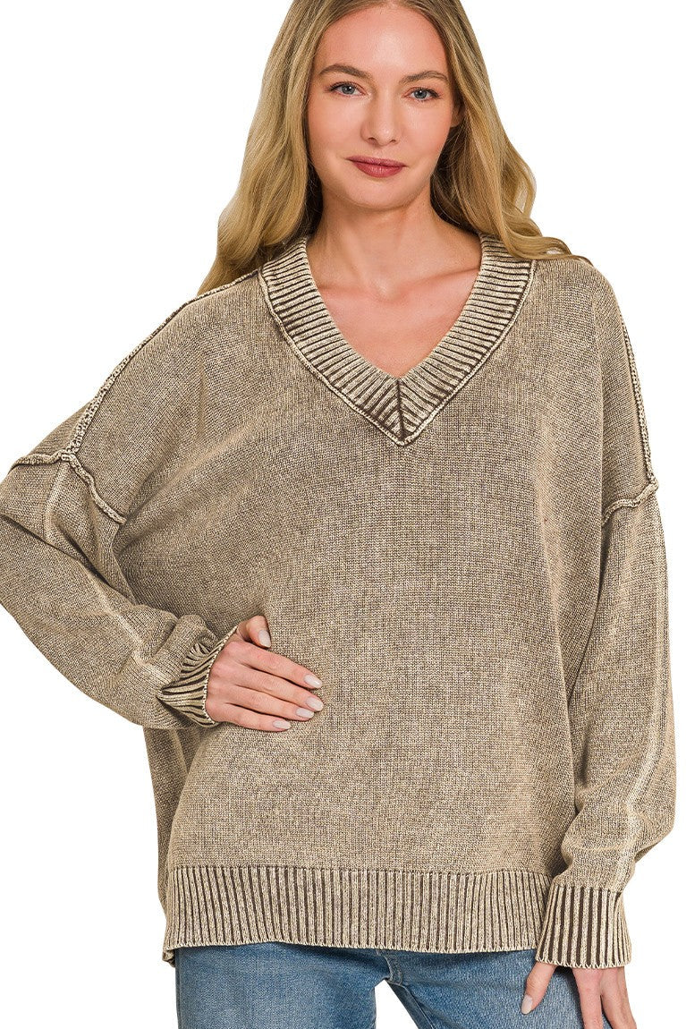 Zen Oversized Cotton V Neck Sweater (Brown)