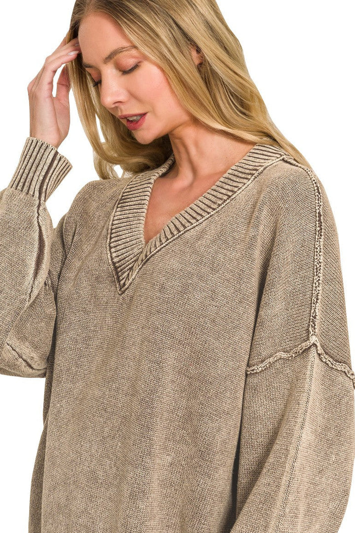 Zen Oversized Cotton V Neck Sweater (Brown)