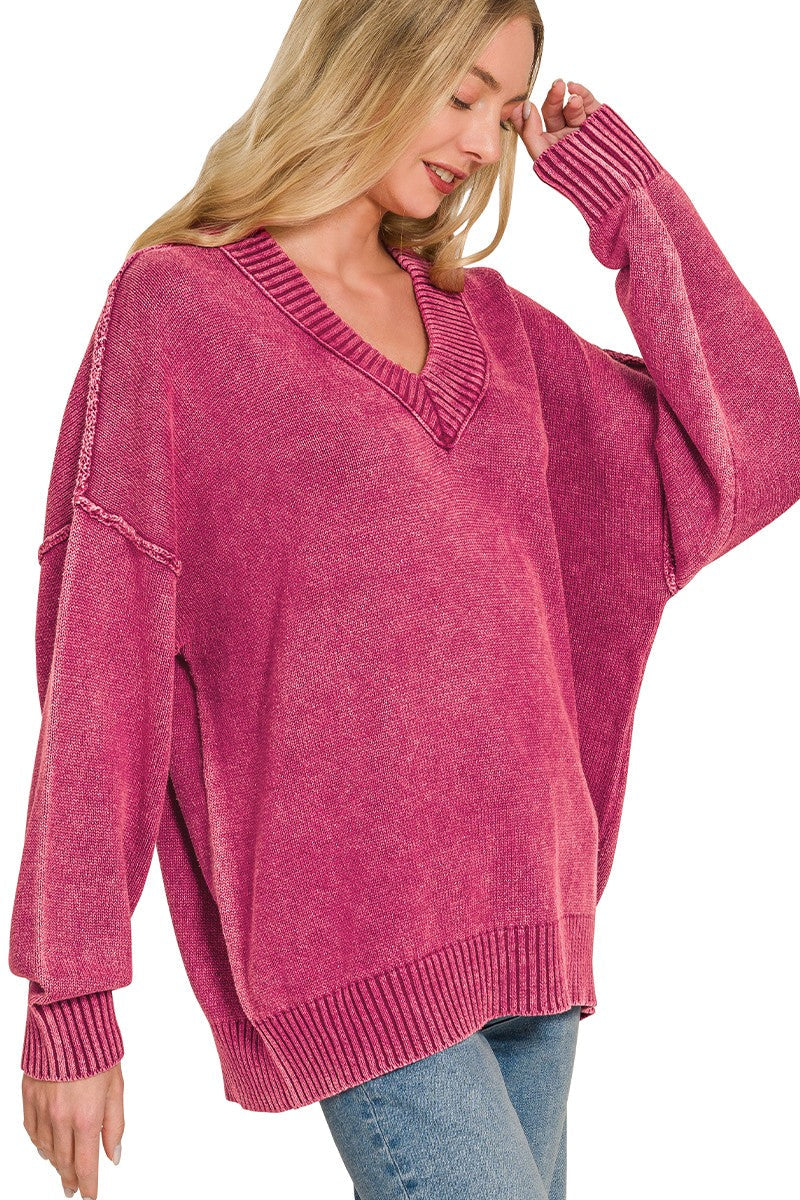 Zen Oversized Cotton V Neck Sweater (Cabernet)