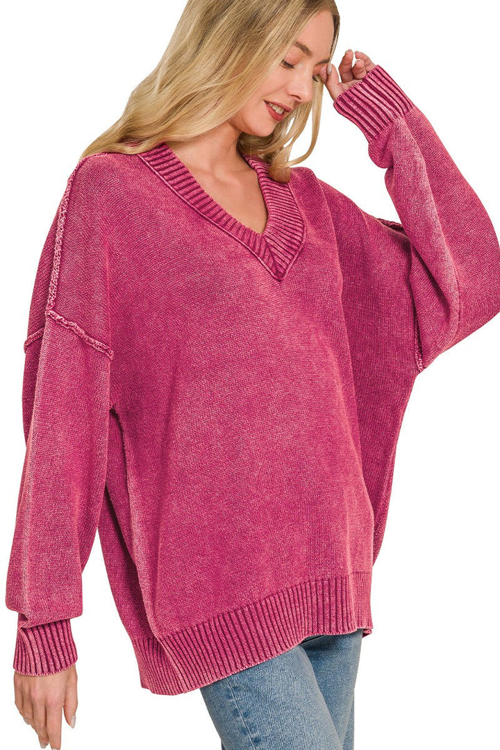 Zen Oversized Cotton V Neck Sweater (Cabernet)