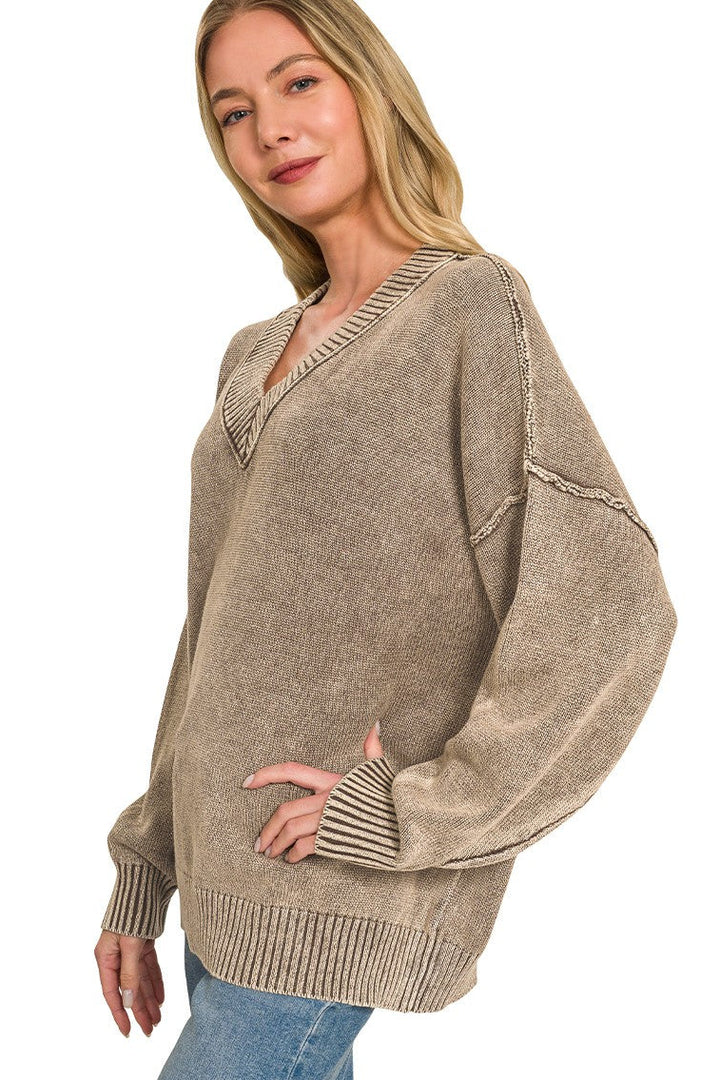 Zen Oversized Cotton V Neck Sweater (Brown)