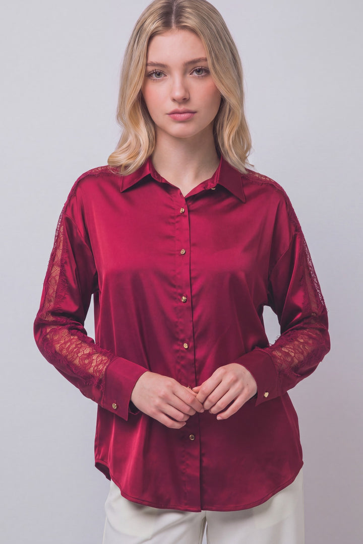 Love Tree Satin Button Down Top (Wine)