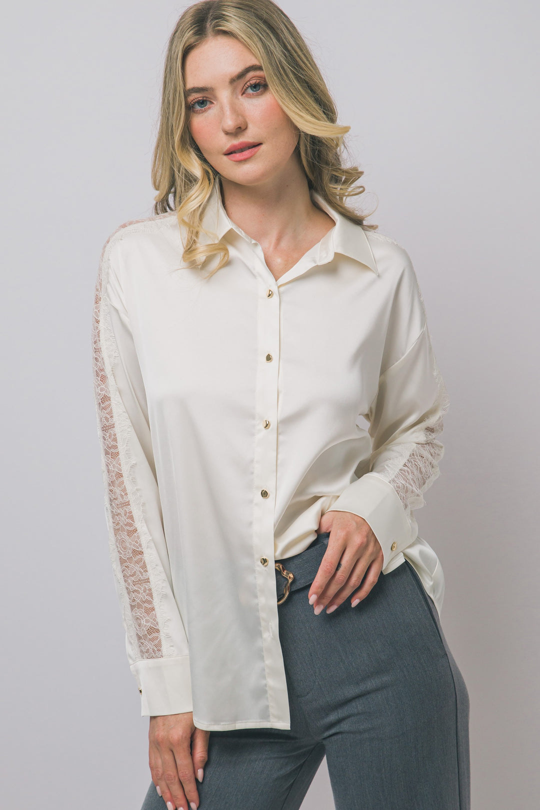 Love Tree Satin Button Down Top (Ivory)