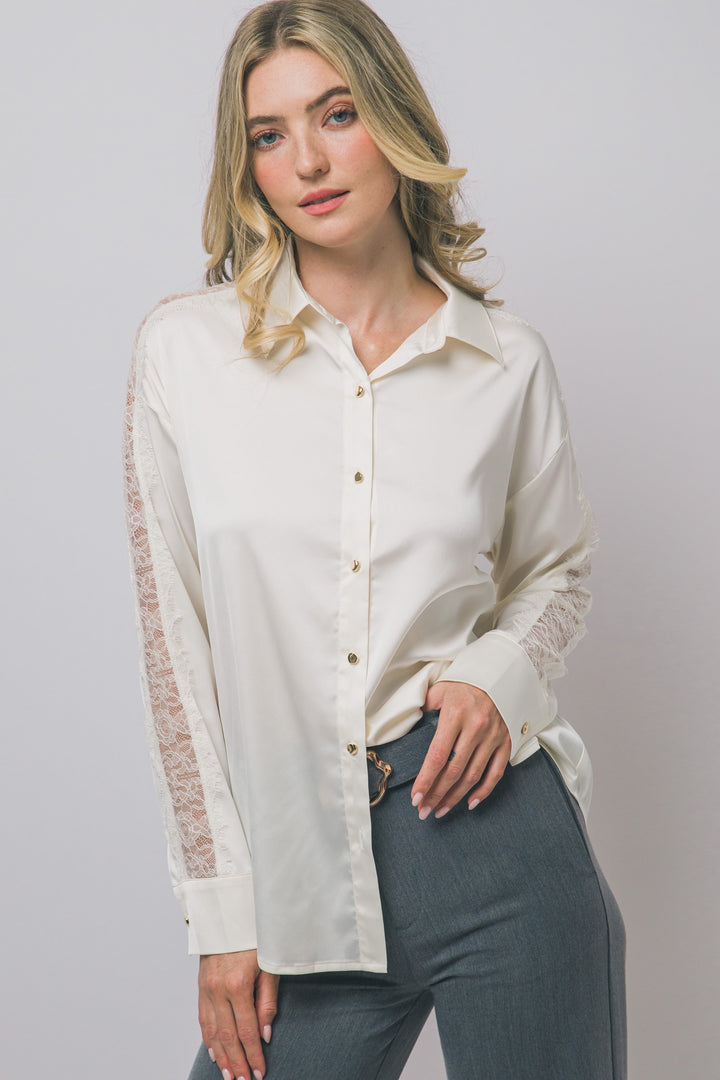Love Tree Satin Button Down Top (Ivory)