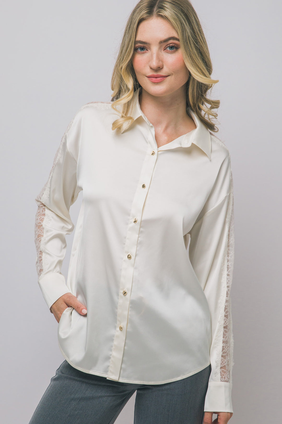 Love Tree Satin Button Down Top (Ivory)