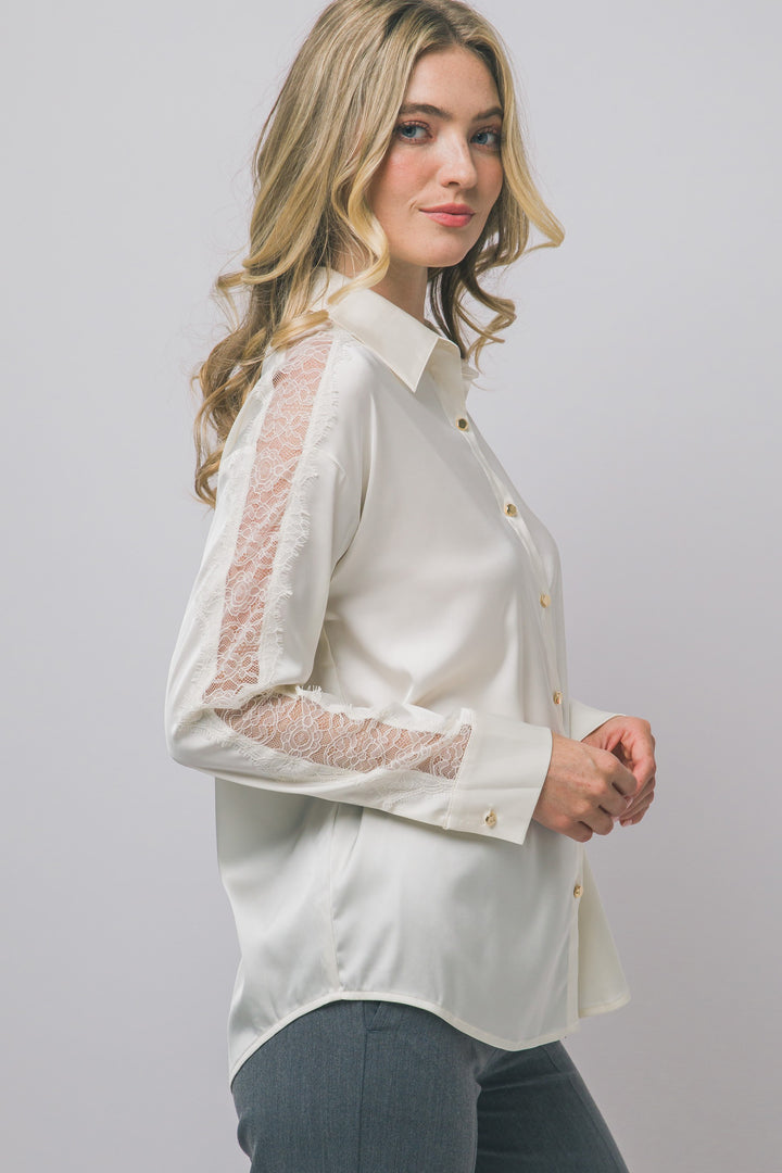 Love Tree Satin Button Down Top (Ivory)