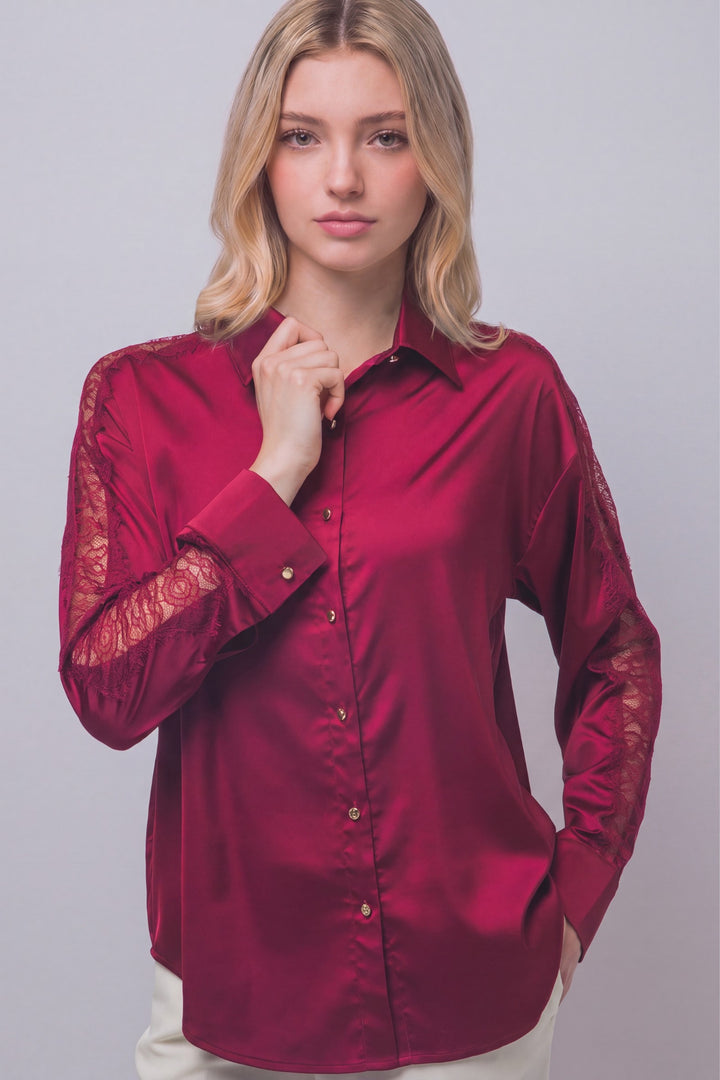 Love Tree Satin Button Down Top (Wine)