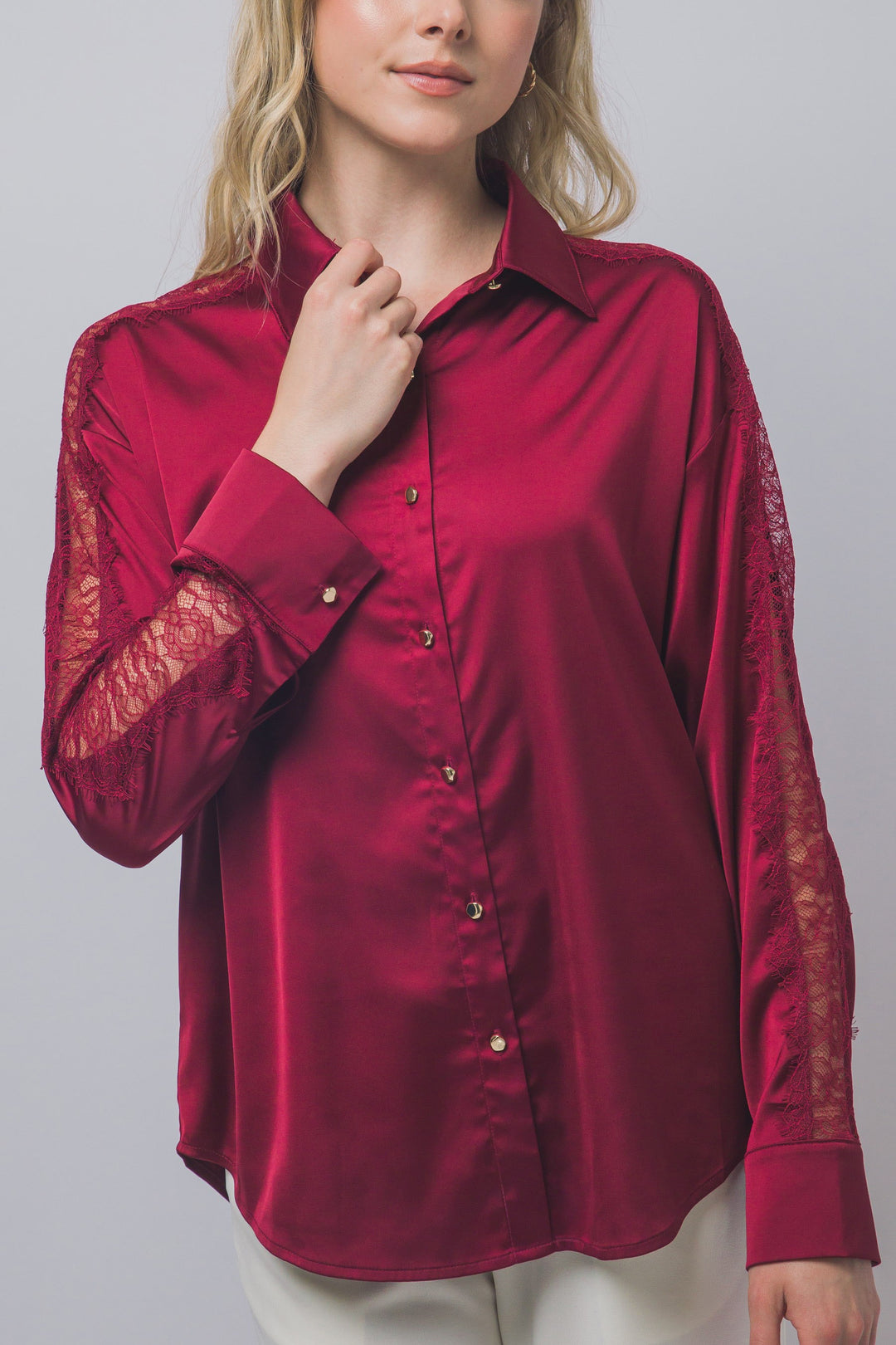 Love Tree Satin Button Down Top (Wine)
