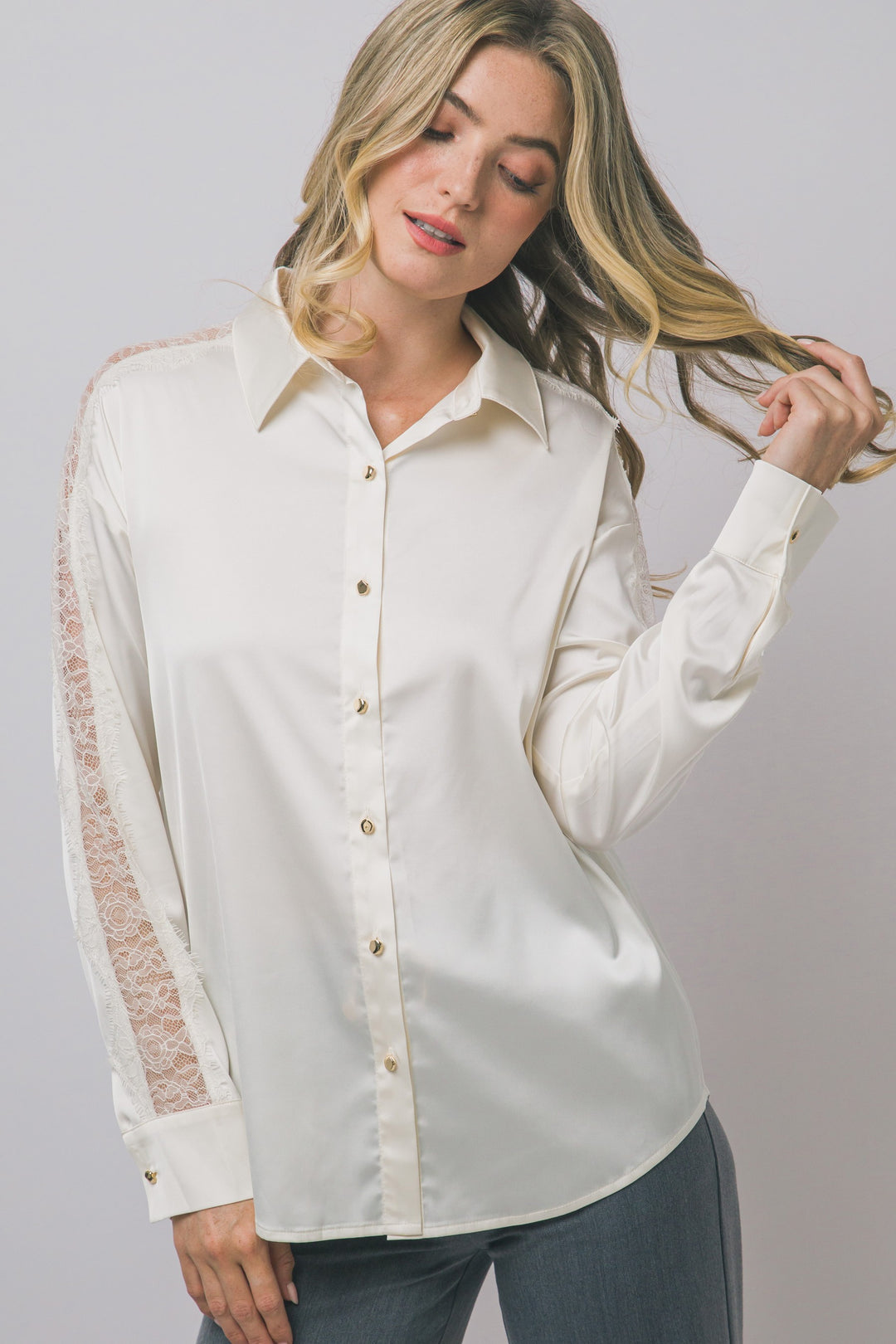 Love Tree Satin Button Down Top (Ivory)