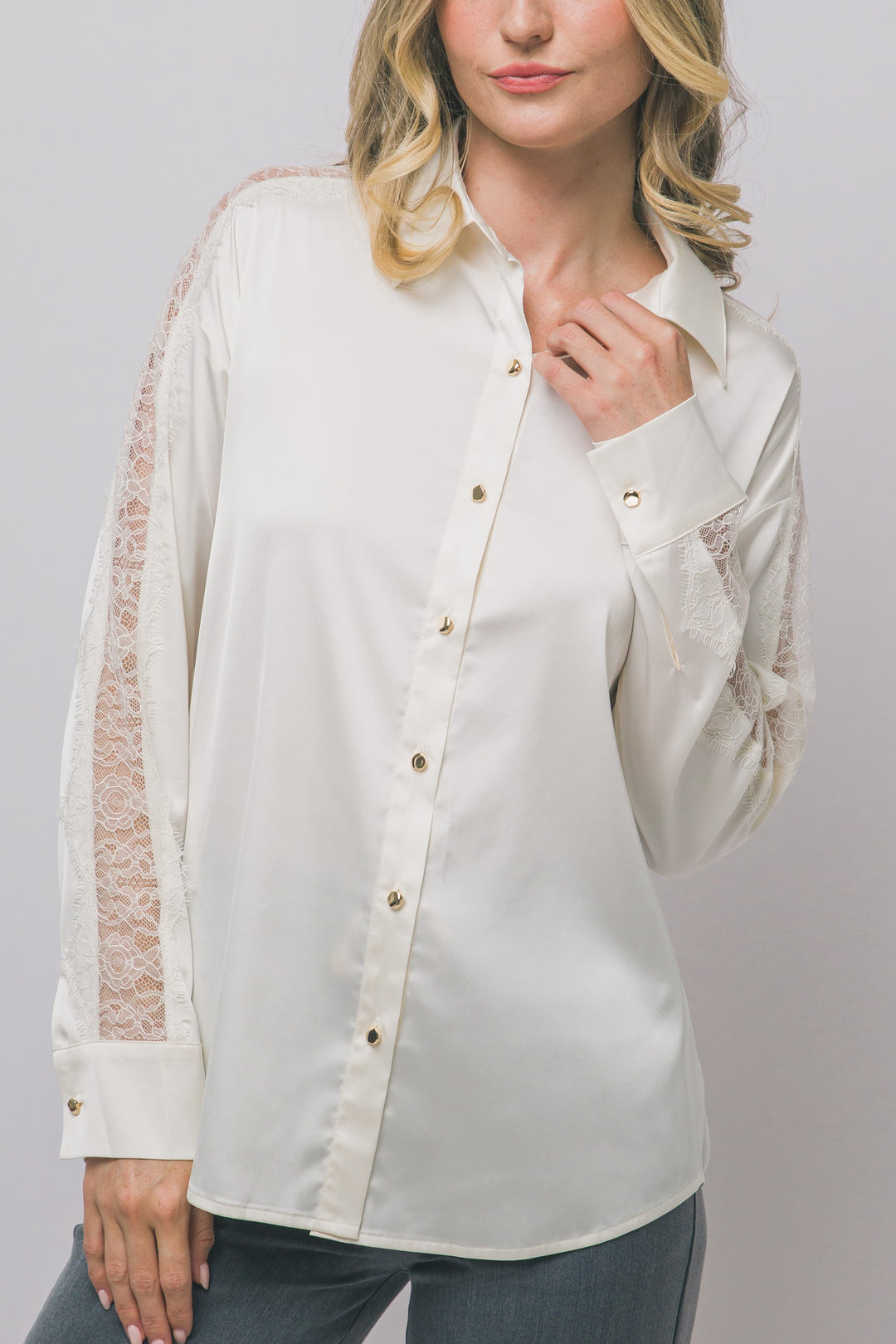 Love Tree Satin Button Down Top (Ivory)