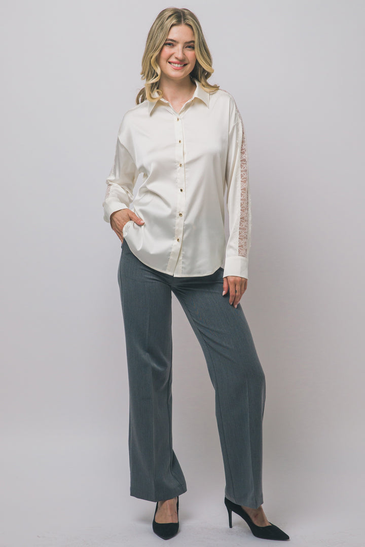 Love Tree Satin Button Down Top (Ivory)