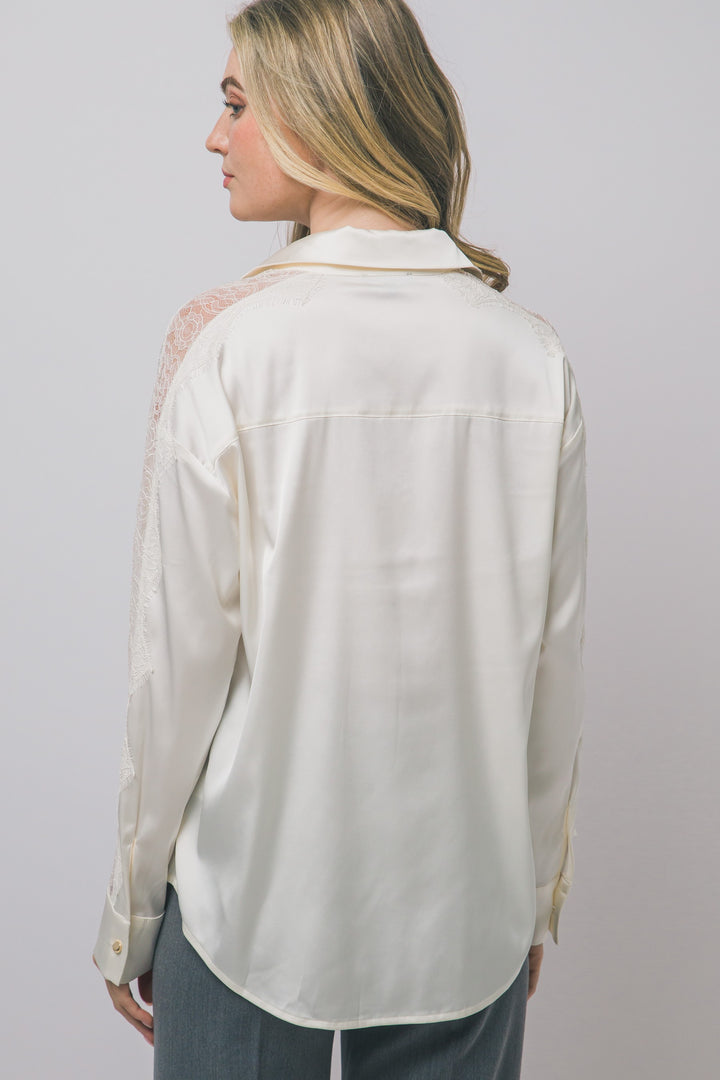 Love Tree Satin Button Down Top (Ivory)