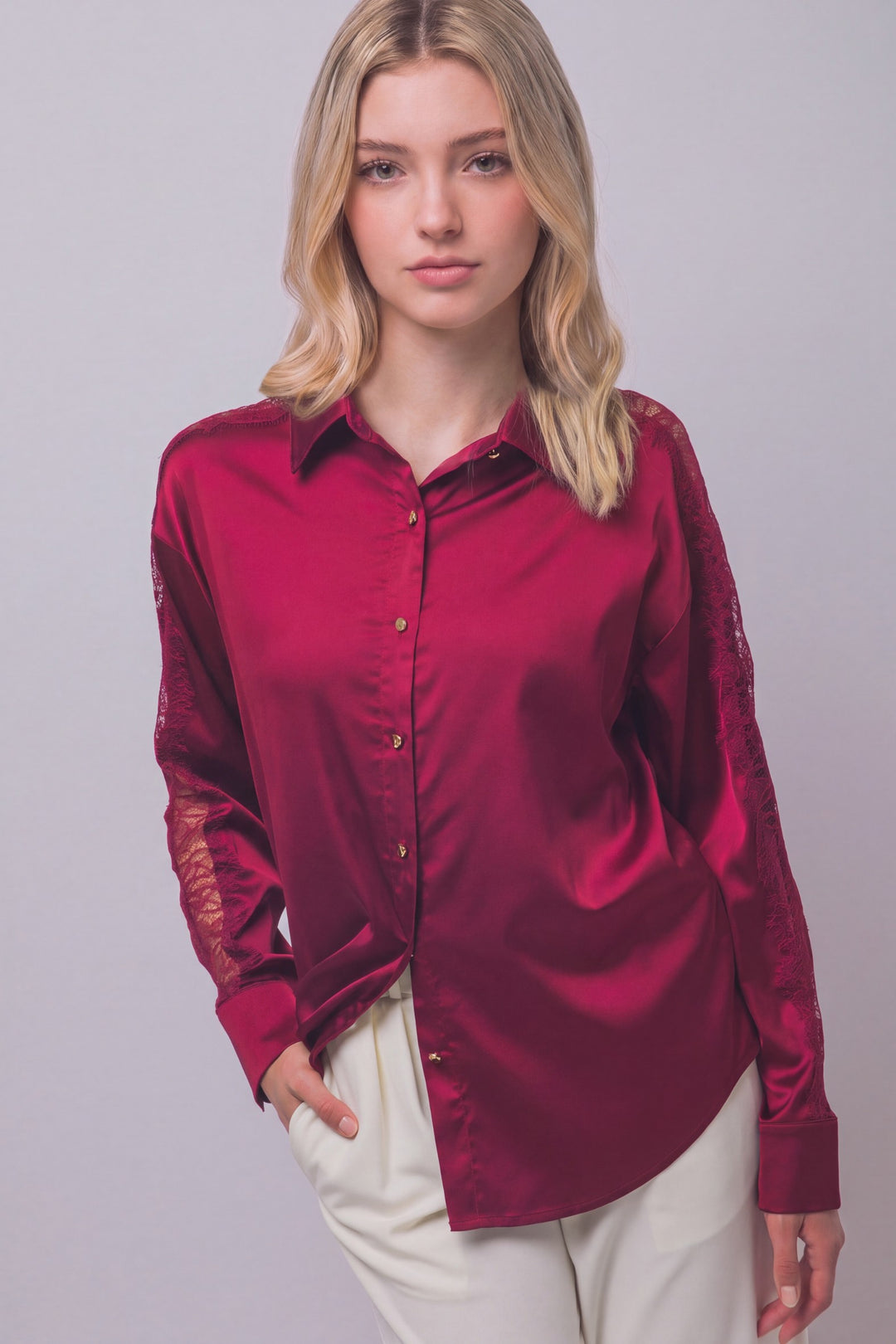Love Tree Satin Button Down Top (Wine)