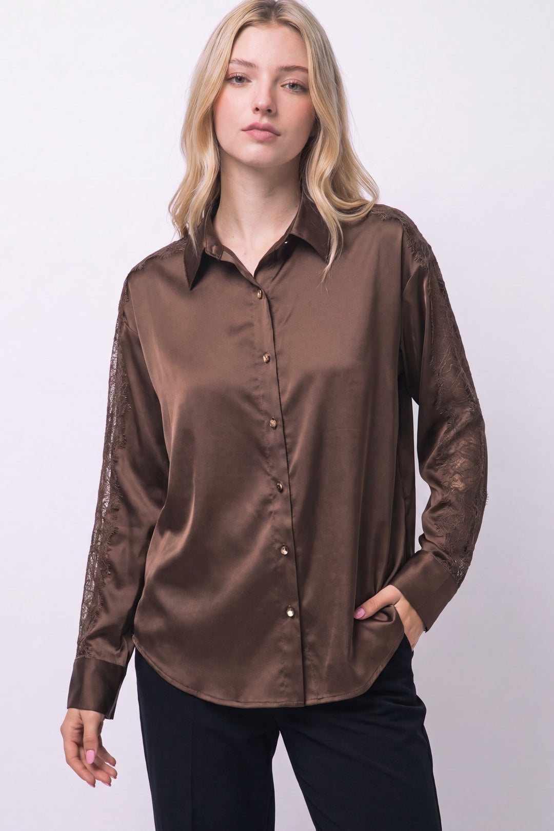Love Tree Satin Button Down Top (Chocolate)