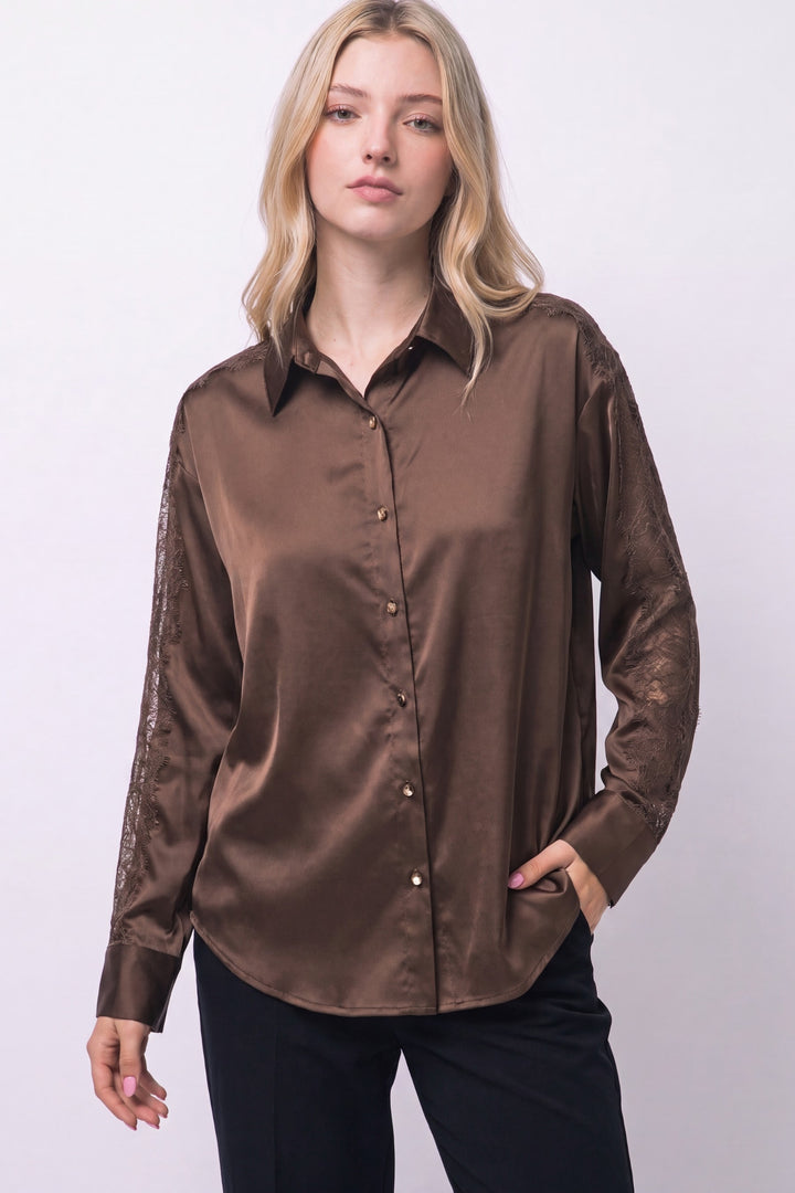 Love Tree Satin Button Down Top (Chocolate)