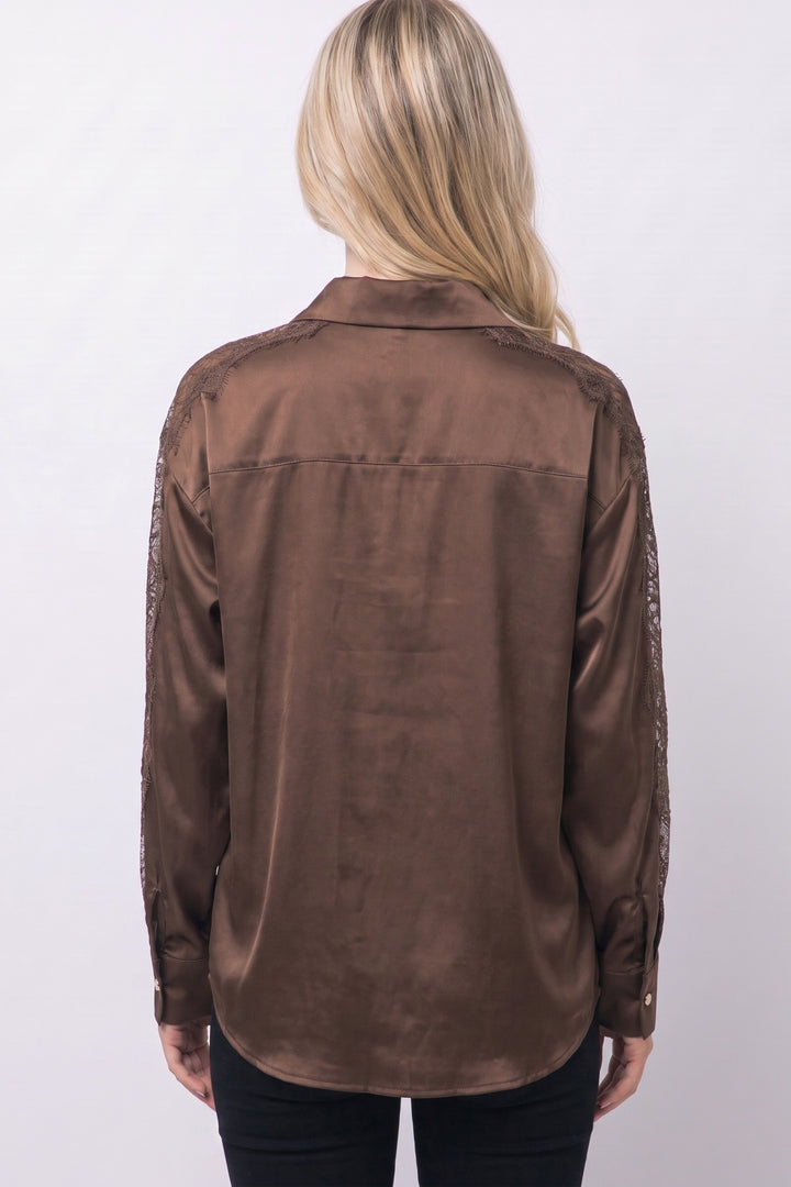 Love Tree Satin Button Down Top (Chocolate)